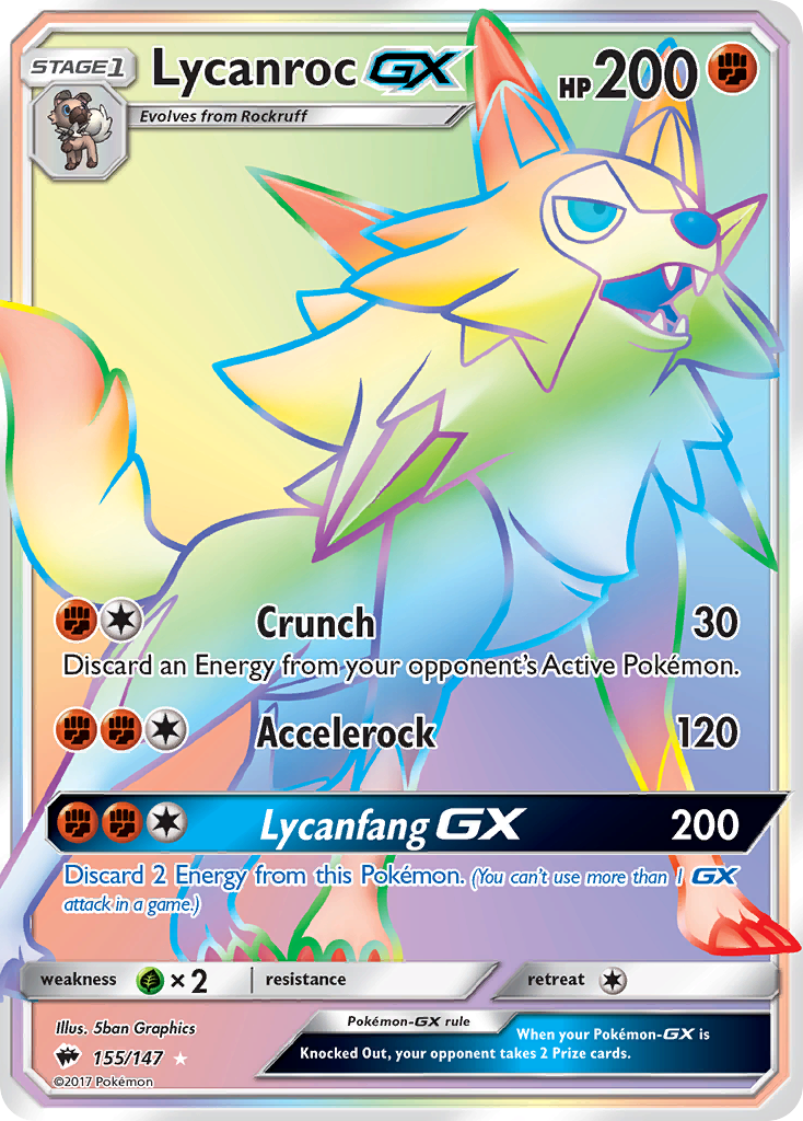 Lycanroc-GX 155/147 Rare Rainbow | Burning Shadows | Pokemon Card