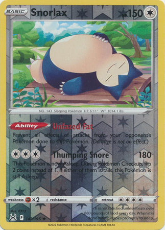 Snorlax 143/196 Reverse Holo | Lost Origin | Pokemon Card