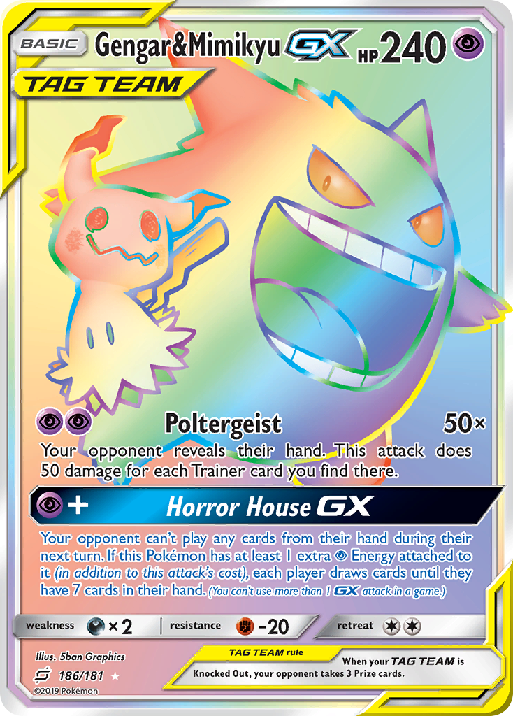 Gengar & Mimikyu-GX 186/181 Rare Rainbow | Team Up | Pokemon Card