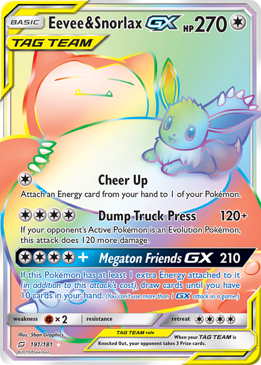 Eevee & Snorlax-GX 191/181 Rare Rainbow | Team Up | Pokemon Card