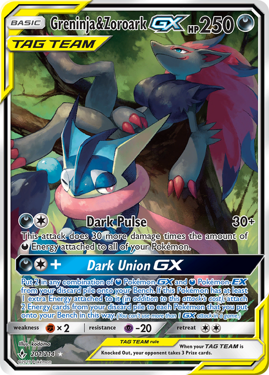 Greninja & Zoroark-GX 201/214 Rare Ultra | Unbroken Bonds | Pokemon Card