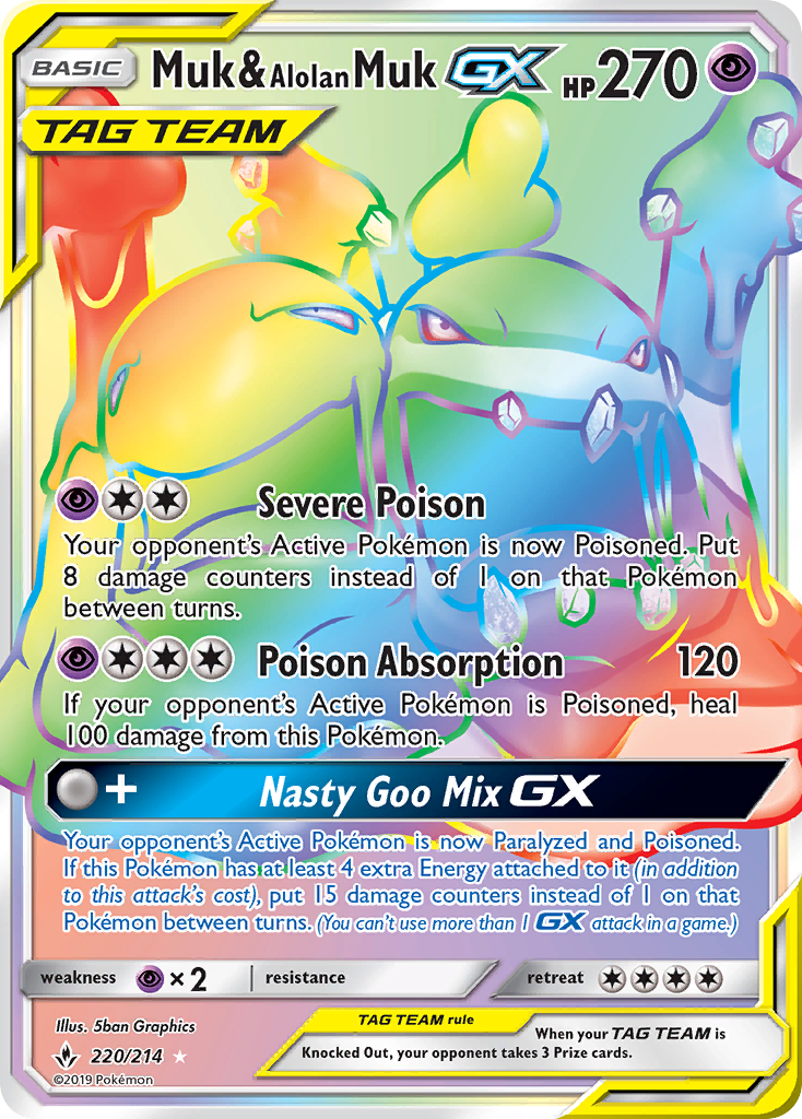Muk & Alolan Muk-GX 220/214 Rare Rainbow | Unbroken Bonds | Pokemon Card