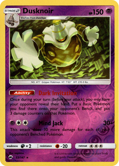 Dusknoir 53/147 Reverse Holo | Burning Shadows | Pokemon Card