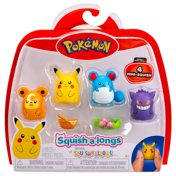 Pikachu Marill Gengar Teddiursa - Pokemon 4 Pack Squish-A-Longs Squishmallow Toys