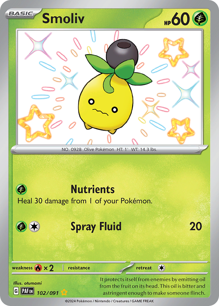 Smoliv 102/91 Shiny Rare | Paldean Fates | Pokemon Card