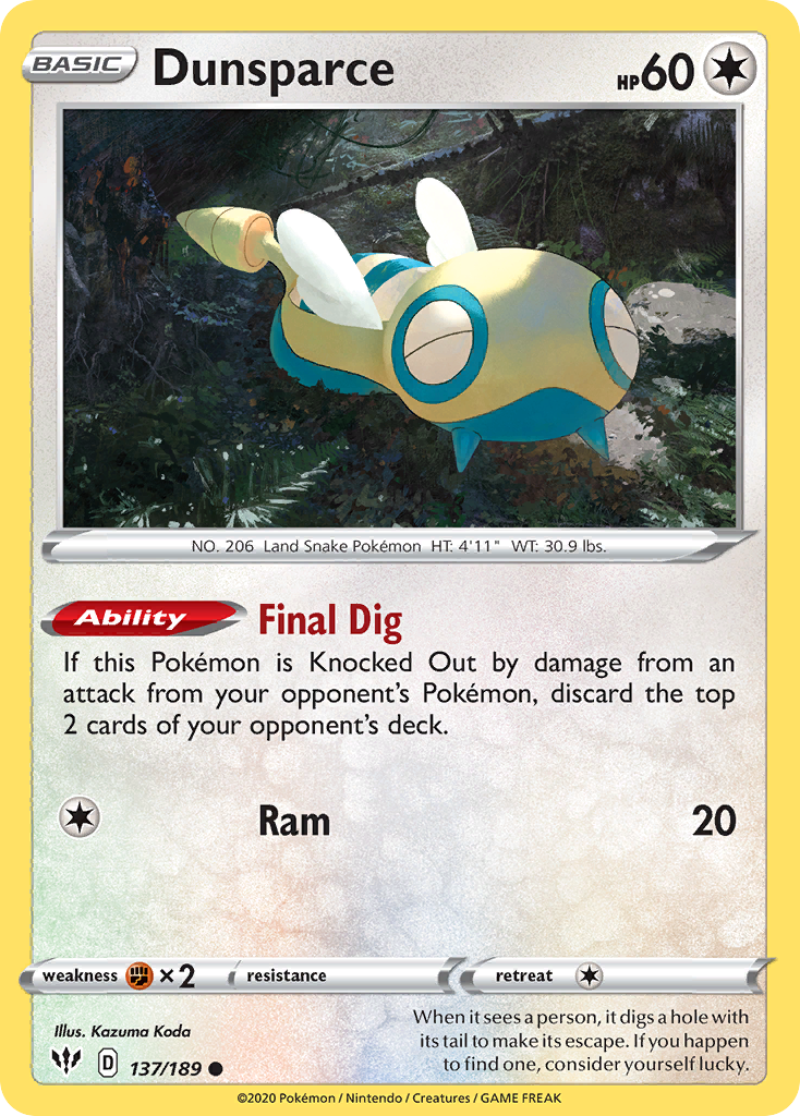 Dunsparce 137/189 Common | Darkness Ablaze | Pokemon Card