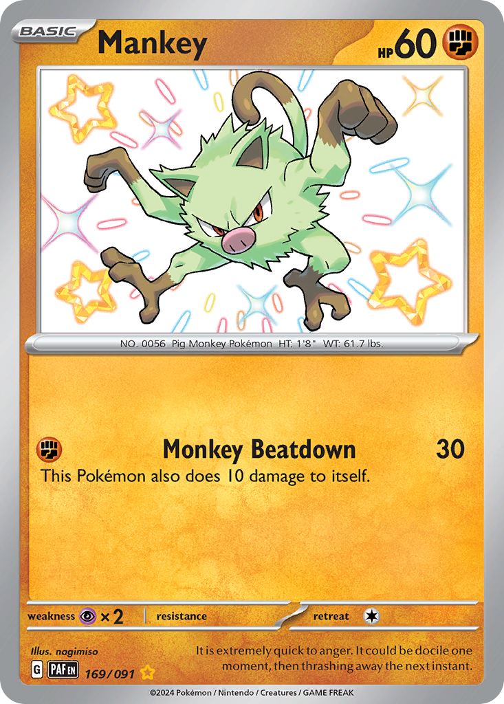 Mankey 169/91 Shiny Rare | Paldean Fates | Pokemon Card
