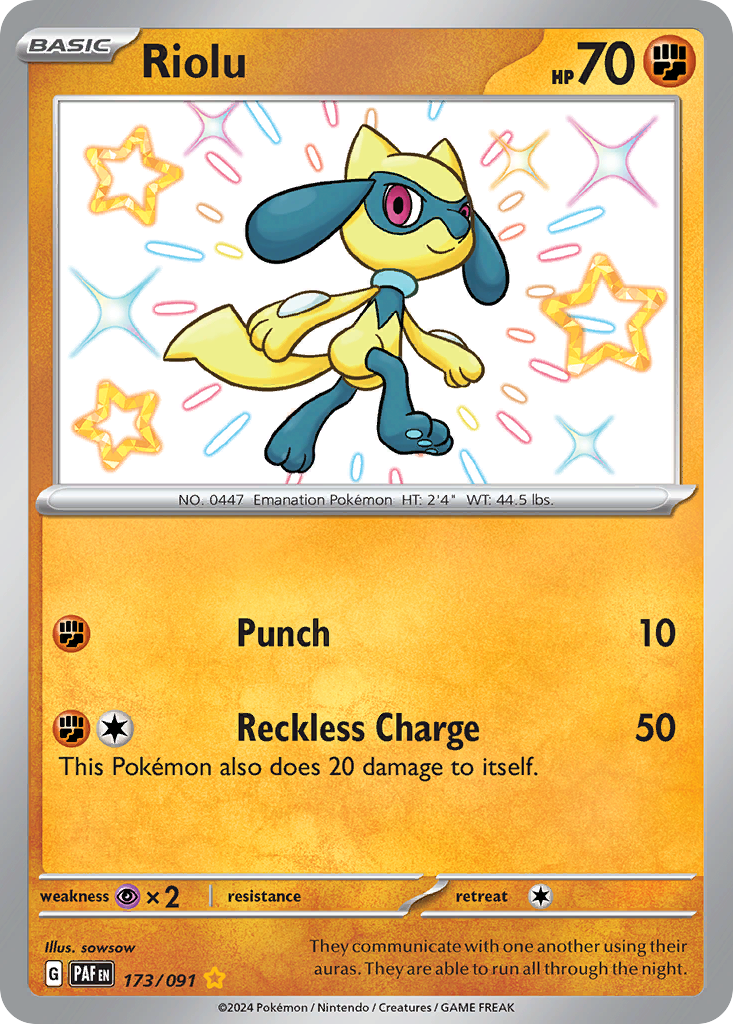 Riolu 173/91 Shiny Rare | Paldean Fates | Pokemon Card