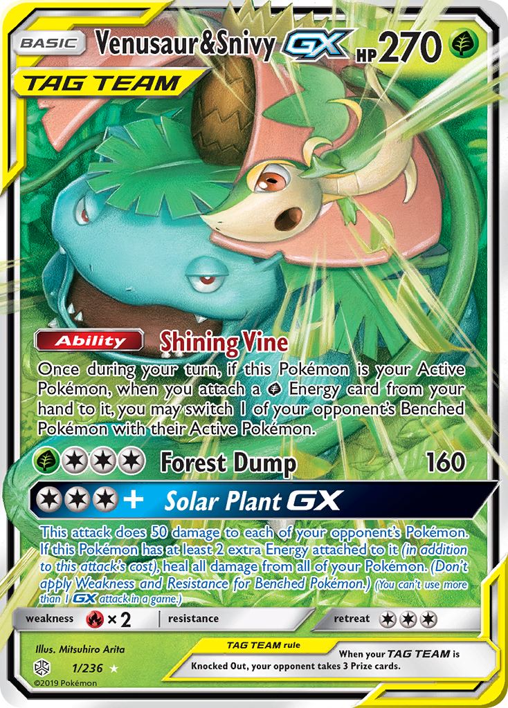 Venusaur & Snivy-GX 1/236 Rare Holo GX | Cosmic Eclipse | Pokemon Card