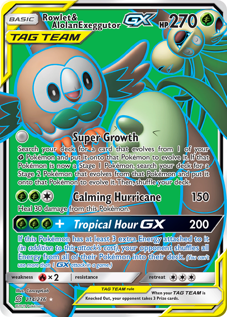 Rowlet & Alolan Exeggutor-GX 214/236 Rare Ultra | Unified Minds | Pokemon Card