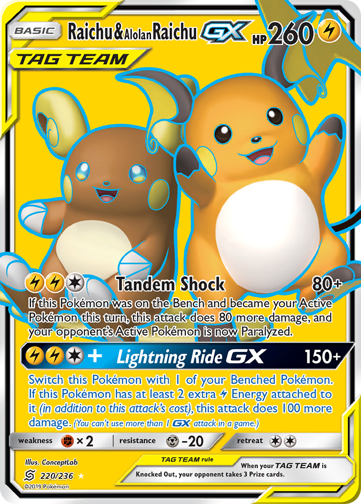 Raichu & Alolan Raichu-GX 220/236 Rare Ultra | Unified Minds | Pokemon Card
