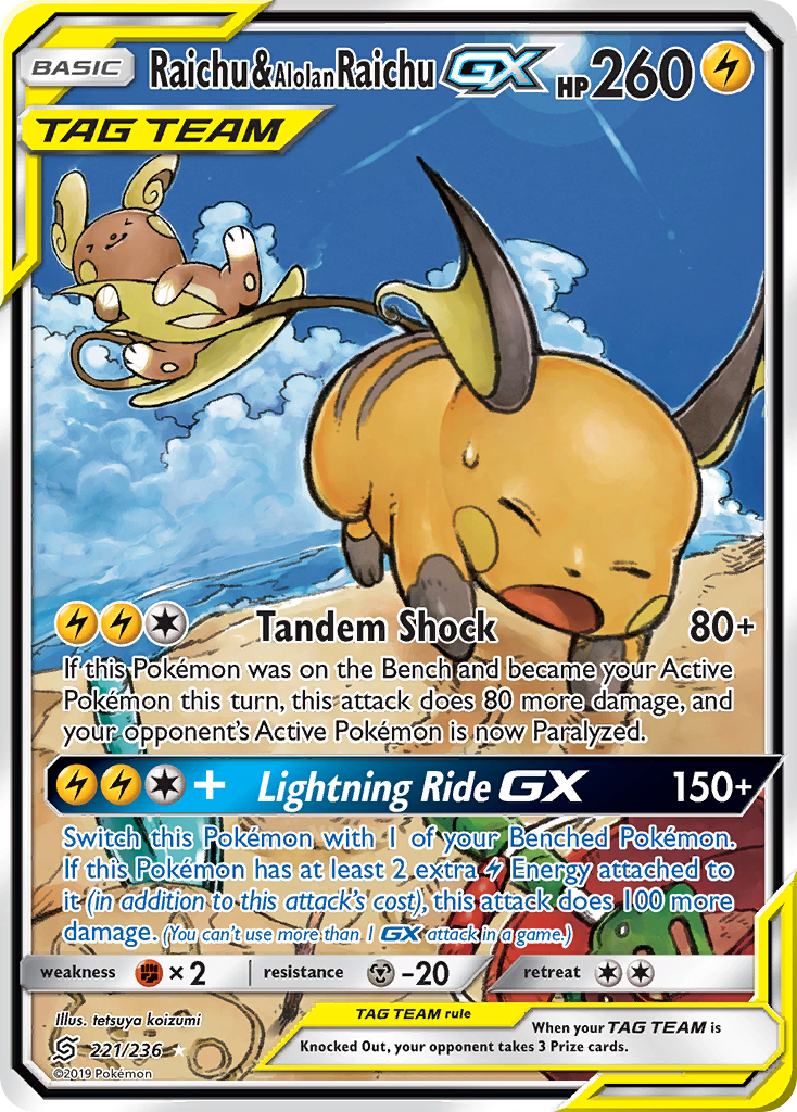 Raichu & Alolan Raichu-GX 221/236 Rare Ultra | Unified Minds | Pokemon Card