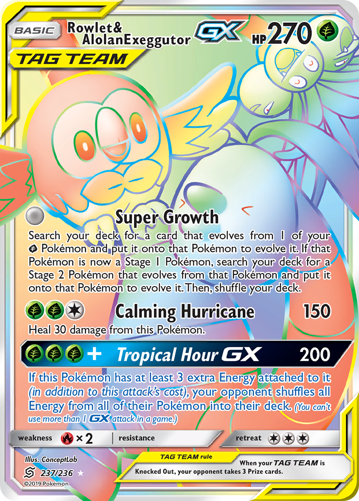 Rowlet & Alolan Exeggutor-GX 237/236 Rare Rainbow | Unified Minds | Pokemon Card