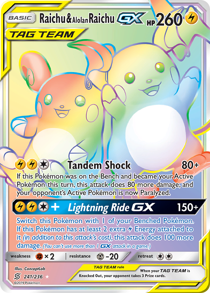 Raichu & Alolan Raichu-GX 241/236 Rare Rainbow | Unified Minds | Pokemon Card