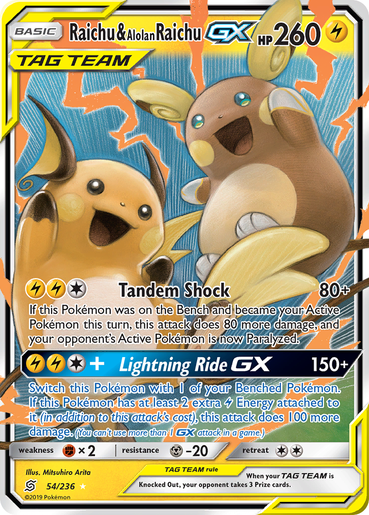 Raichu & Alolan Raichu-GX 54/236 Rare Holo GX | Unified Minds | Pokemon Card