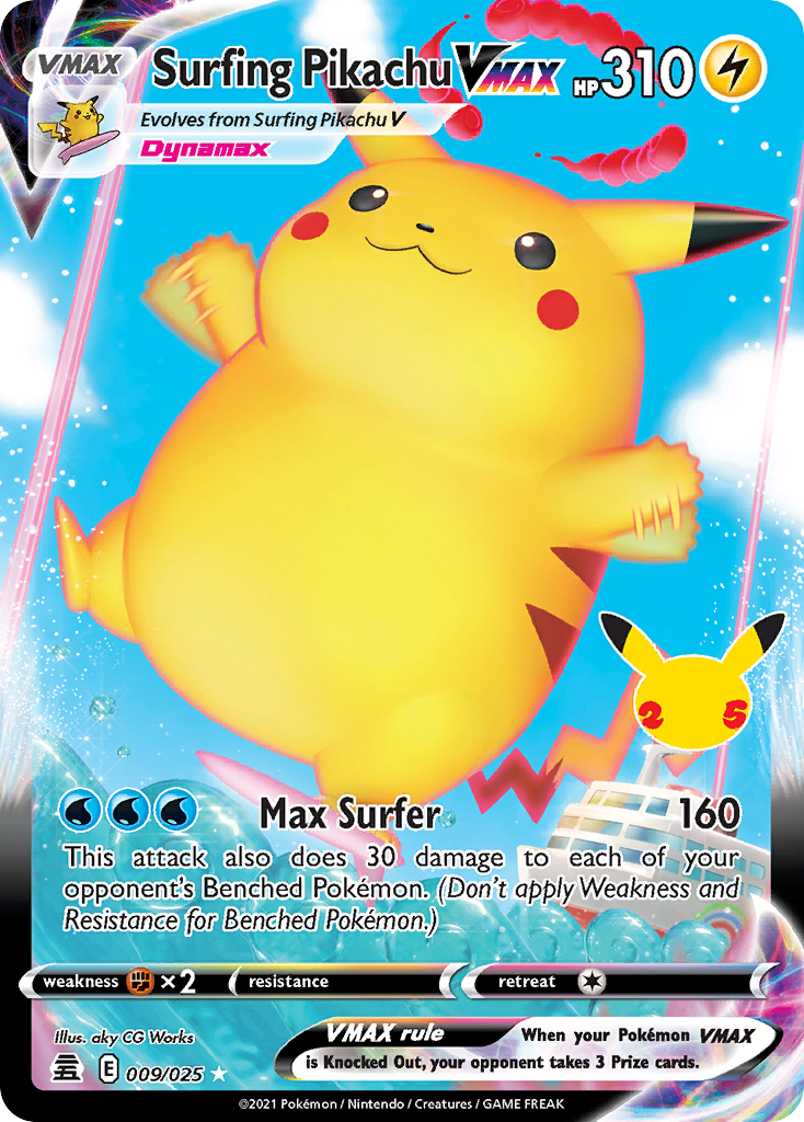 Surfing Pikachu VMAX 9/25 Rare Holo VMAX | Celebrations | Pokemon Card