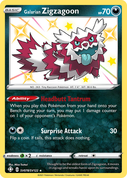 Galarian Zigzagoon SV078/122 Rare Shiny | Shining Fates Shiny Vault | Pokemon Card