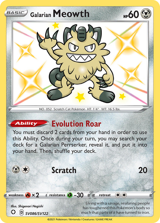 Galarian Meowth SV086/122 Rare Shiny | Shining Fates Shiny Vault | Pokemon Card