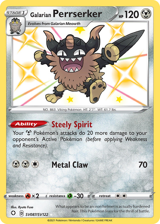 Galarian Perrserker SV087/122 Rare Shiny | Shining Fates Shiny Vault | Pokemon Card