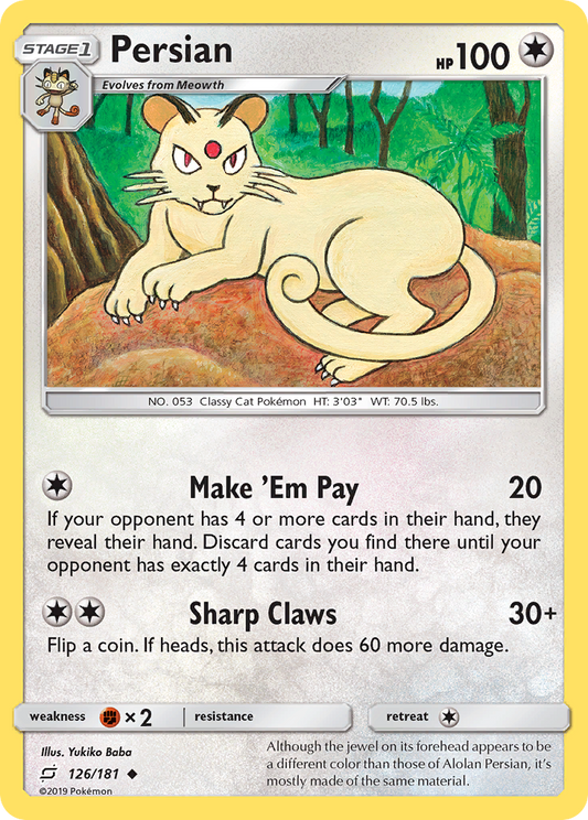 Persian 126/181 Uncommon | Team Up | Pokemon Card