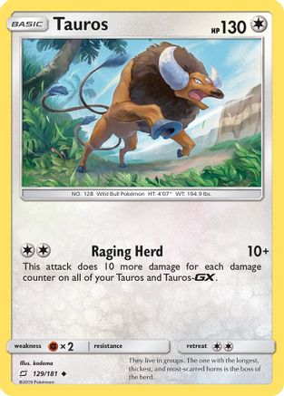 Tauros 129/181 Reverse Holo | Team Up | Pokemon Card