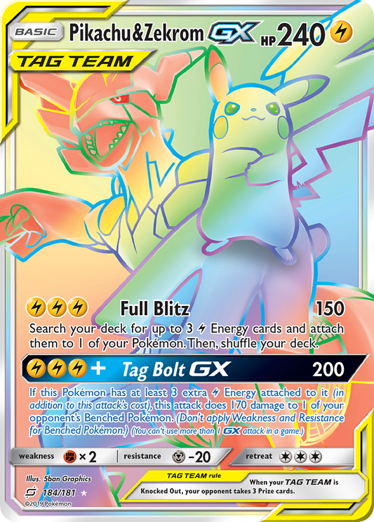 Pikachu & Zekrom-GX 184/181 Rare Rainbow | Team Up | Pokemon Card