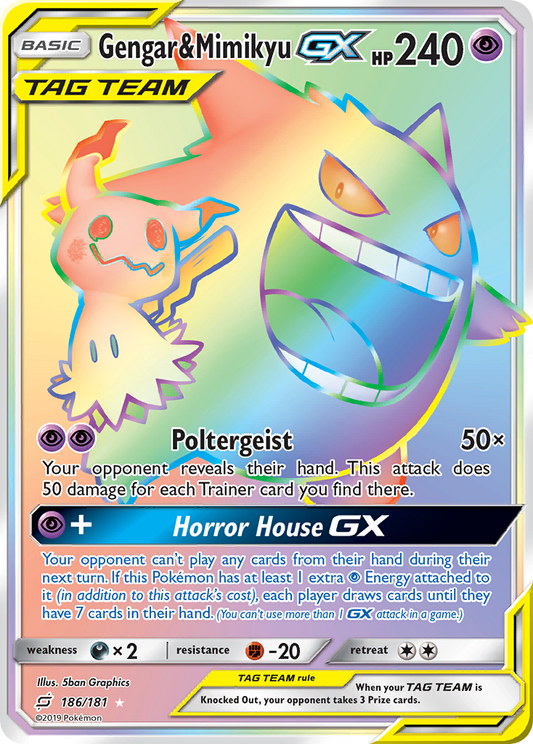 Gengar & Mimikyu-GX 186/181 Rare Rainbow | Team Up | Pokemon Card