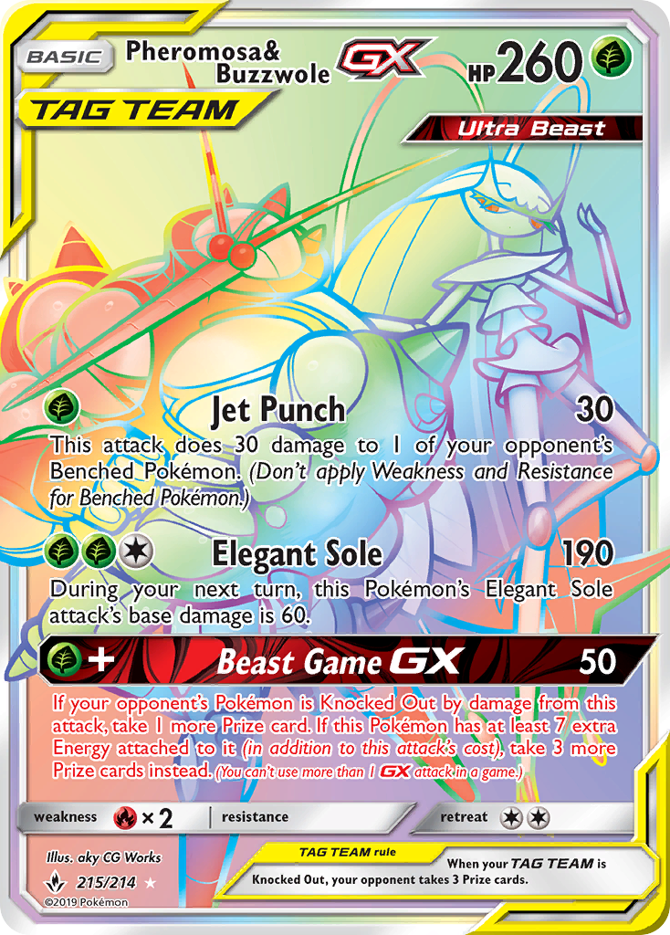Pheromosa & Buzzwole-GX 215/214 Rare Rainbow | Unbroken Bonds | Pokemon Card