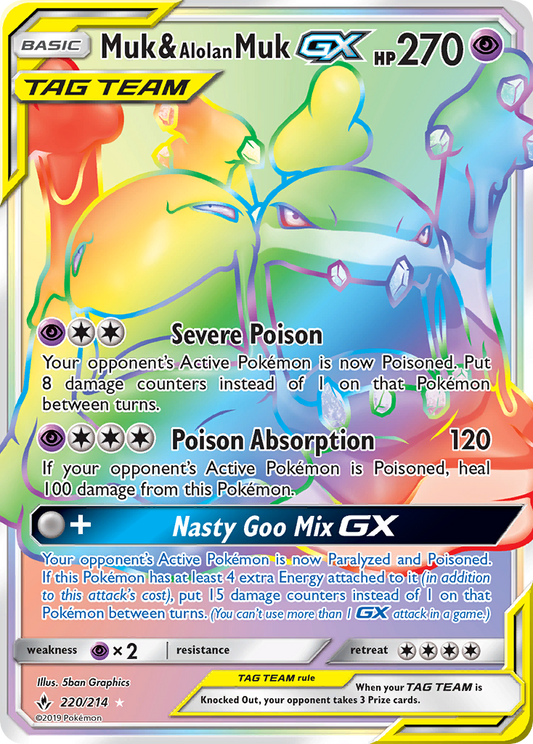 Muk & Alolan Muk-GX 220/214 Rare Rainbow | Unbroken Bonds | Pokemon Card