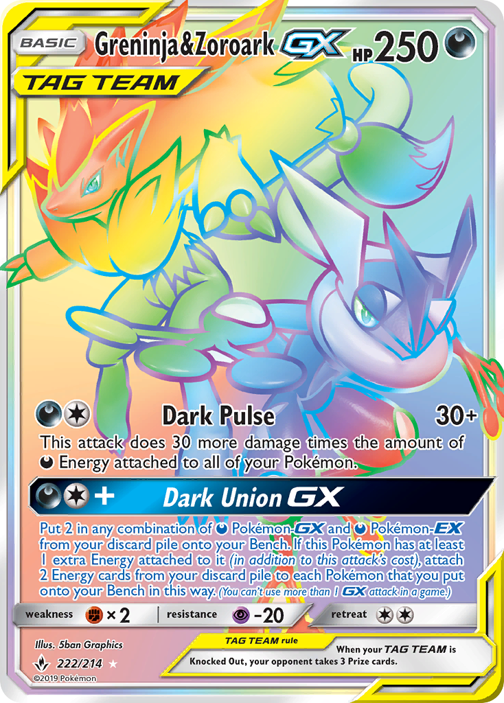 Greninja & Zoroark-GX 222/214 Rare Rainbow | Unbroken Bonds | Pokemon Card