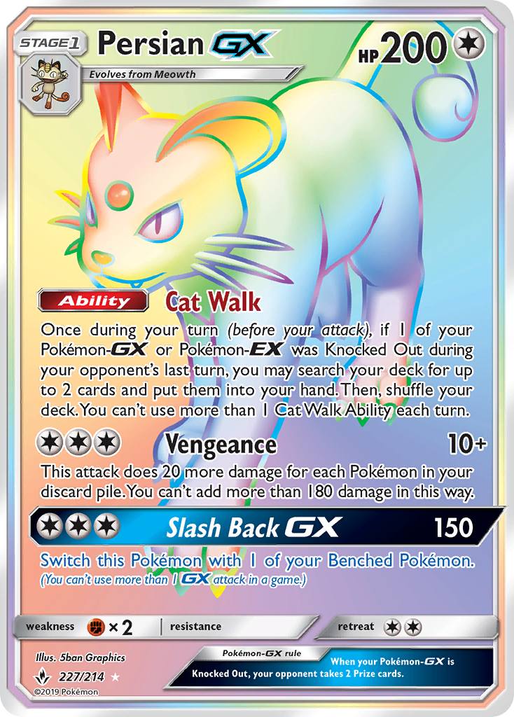 Persian-GX 227/214 Rare Rainbow | Unbroken Bonds | Pokemon Card