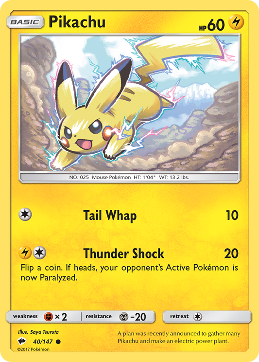 Pikachu 40/147 Common | Burning Shadows | Pokemon Card
