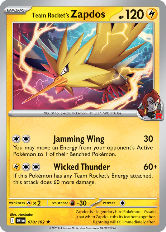 Team Rocket's Zapdos 70/182 Rare | Destined Rivals | Pokemon Card