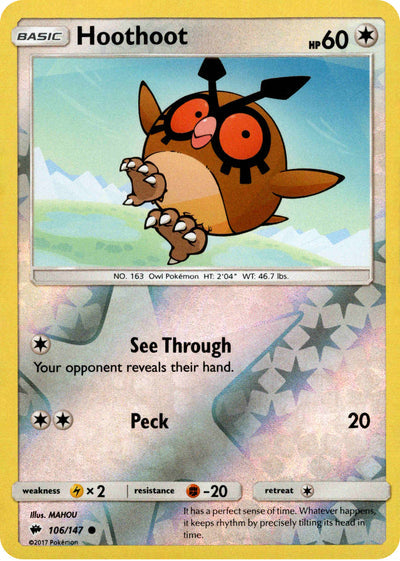 Hoothoot 106/147 Reverse Holo | Burning Shadows | Pokemon Card