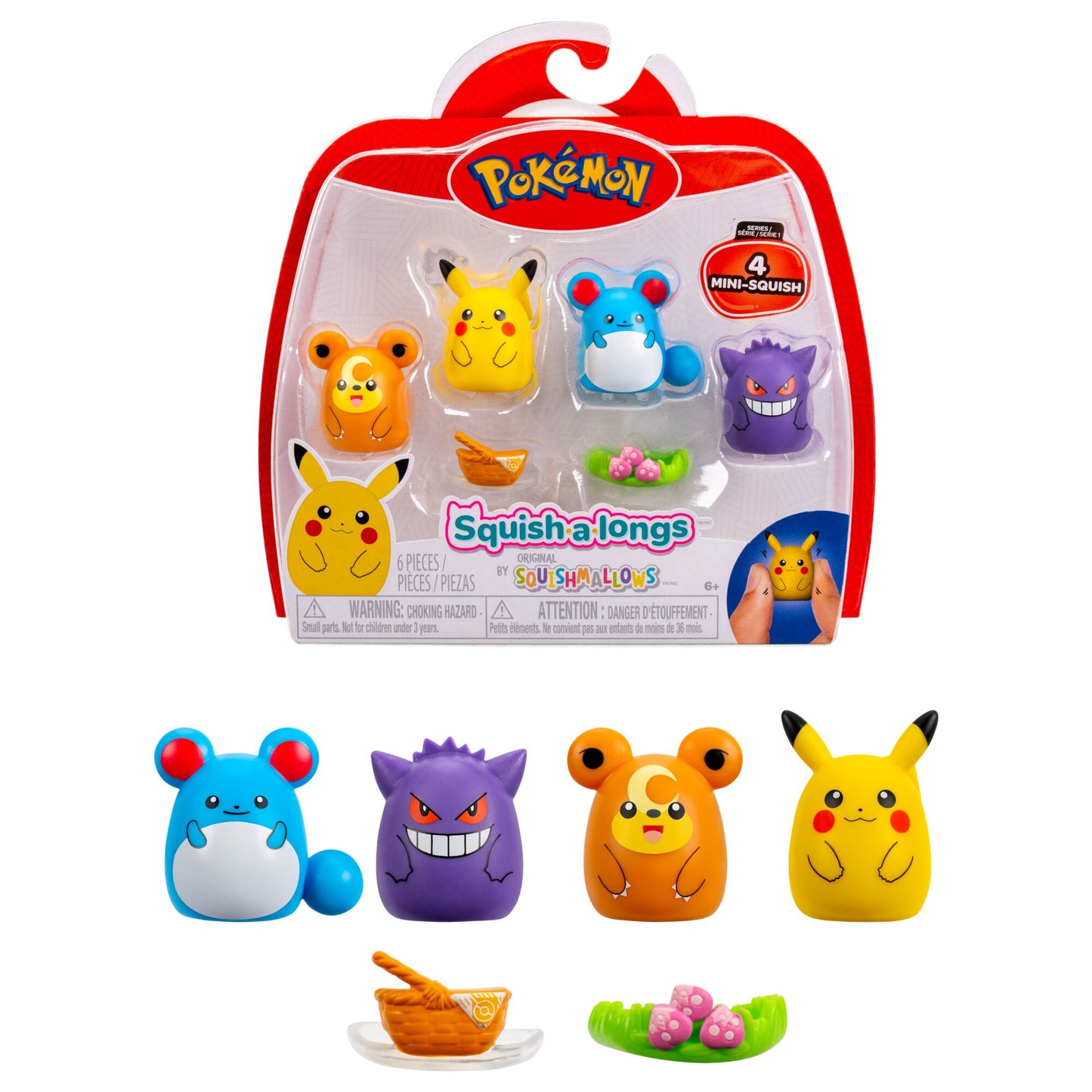 Pikachu Marill Gengar Teddiursa - Pokemon 4 Pack Squish-A-Longs Squishmallow Toys