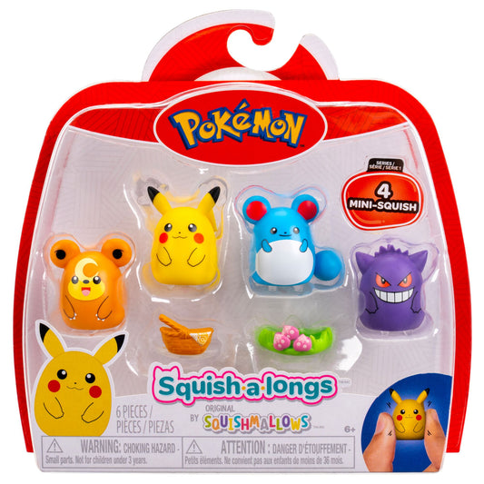 Pikachu Marill Gengar Teddiursa - Pokemon 4 Pack Squish-A-Longs Squishmallow Toys