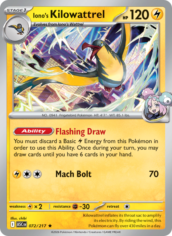 Iono's Kilowattrel 72/217 Rare Holo | Ascended Heroes | Pokemon Card