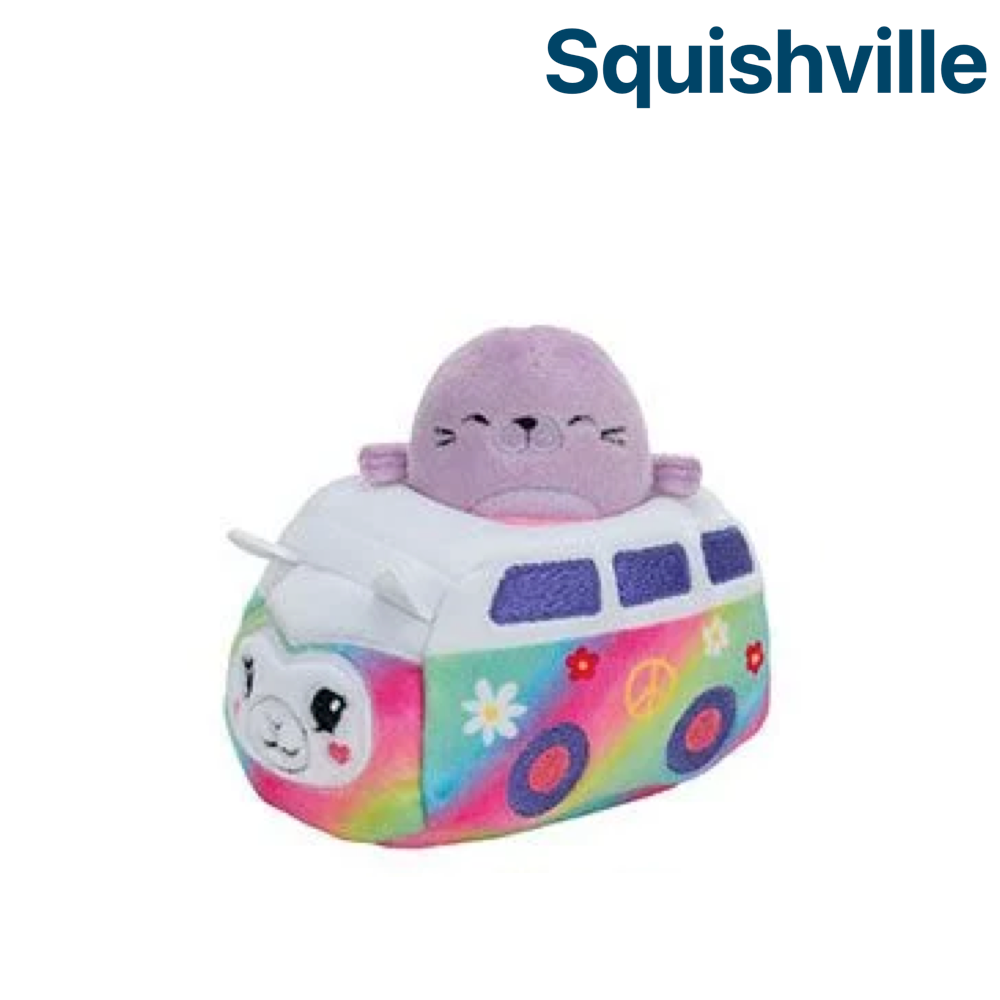 Purple Walrus in Rainbow Kombi Van Car ~ Mini Squishmallow in VEHICLE Squishville Plush ~ IN STOCK