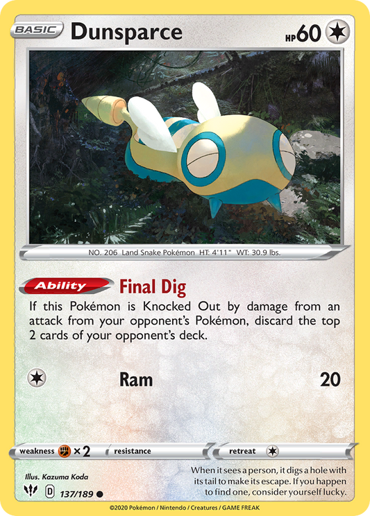 Dunsparce 137/189 Common | Darkness Ablaze | Pokemon Card