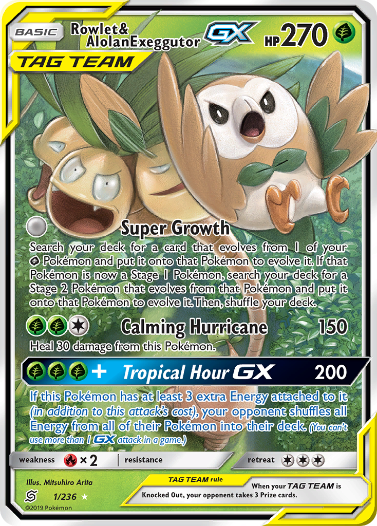 Rowlet & Alolan Exeggutor-GX 1/236 Rare Holo GX | Unified Minds | Pokemon Card