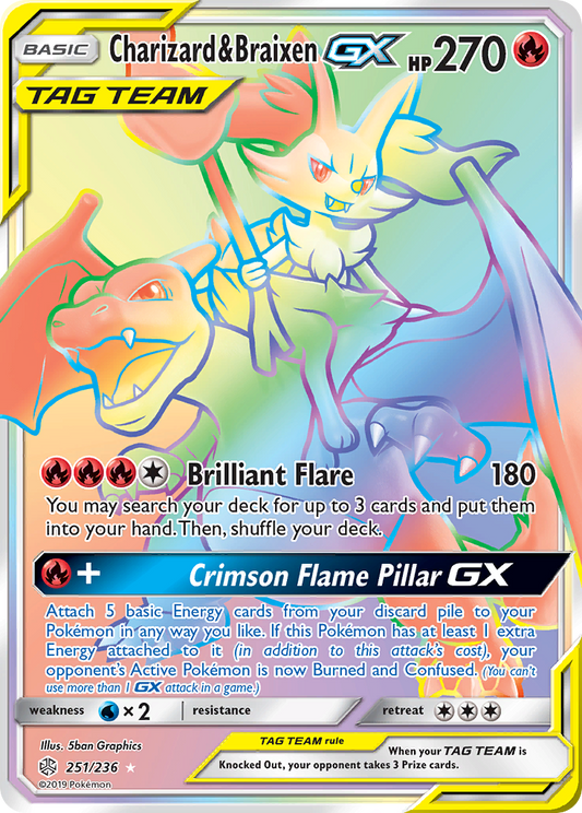 Charizard & Braixen-GX 251/236 Rare Rainbow | Cosmic Eclipse | Pokemon Card