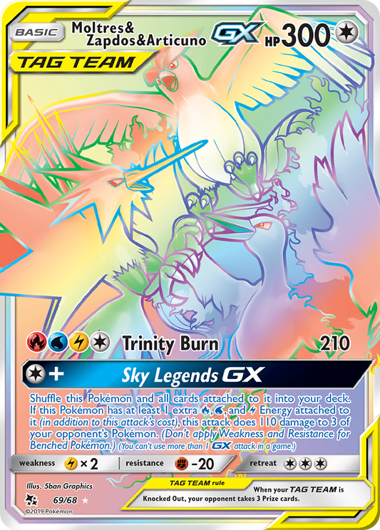 Moltres & Zapdos & Articuno-GX 69/68 Rare Rainbow | Hidden Fates | Pokemon Card
