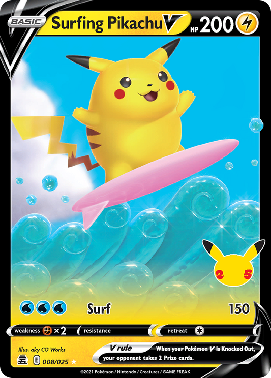 Surfing Pikachu V 8/25 Rare Holo V | Celebrations | Pokemon Card
